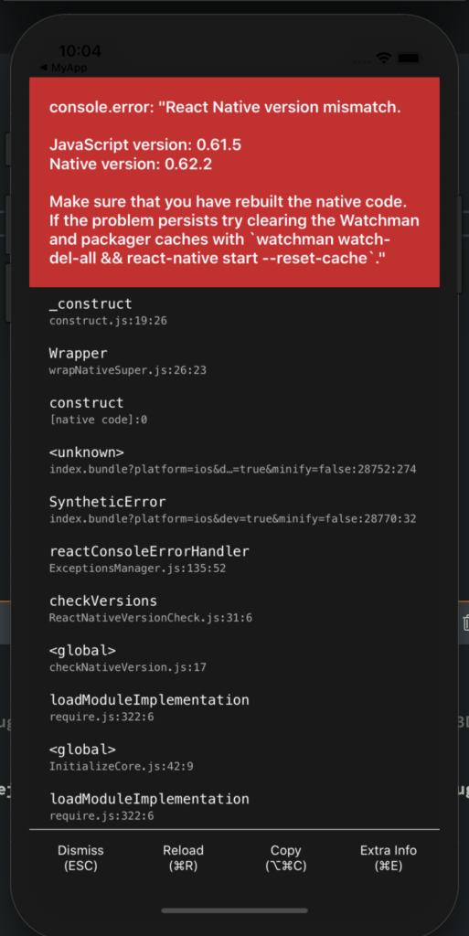 【React Native】console.error: "React Native version mismatch" | eureka